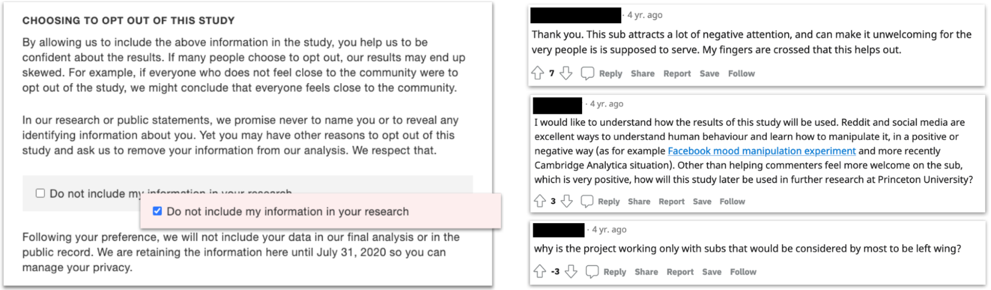 Screenshots of Bartleby's interface for opting out. Example messages from participants show how Bartleby creates opportunities for participants to express their values in a Reddit study.
