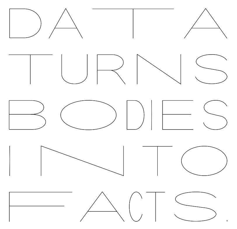 The phrase 'data turns bodies into facts' typeset with Biometric Sans